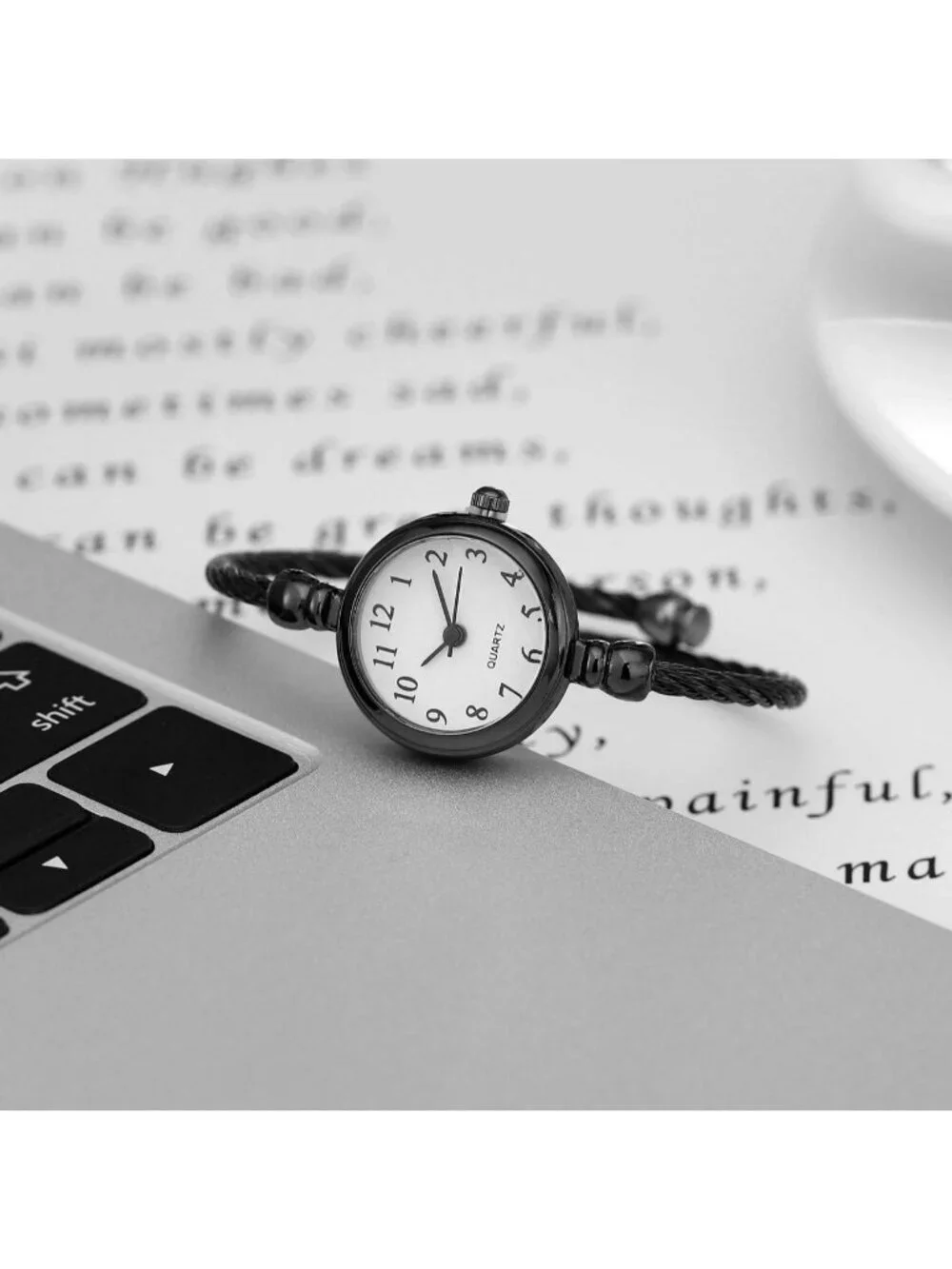 Women's Black Analog Quartz Stainless Steel Arabic Numerals Wrist Bracelet Watch